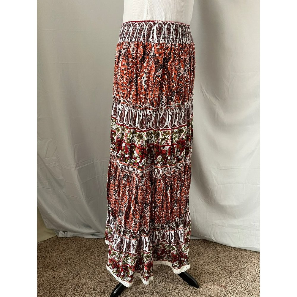 Available Multi-color Paisley Floral Print 4-Tier Elastic Waist Maxi Skirt - Picture 7 of 8